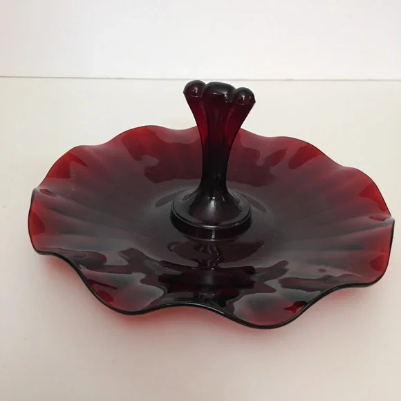 Vintage art Deco Cranberry Glass Candy Dish Wavy Edging with Handle Trinket Tray - Picture 4 of 11